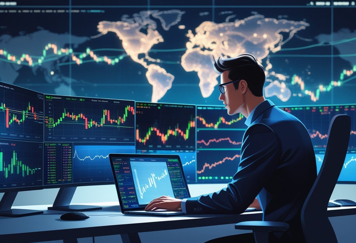 Um trader analisando gráficos financeiros em várias telas em um escritório moderno, focado em estratégias de negociação de posição.