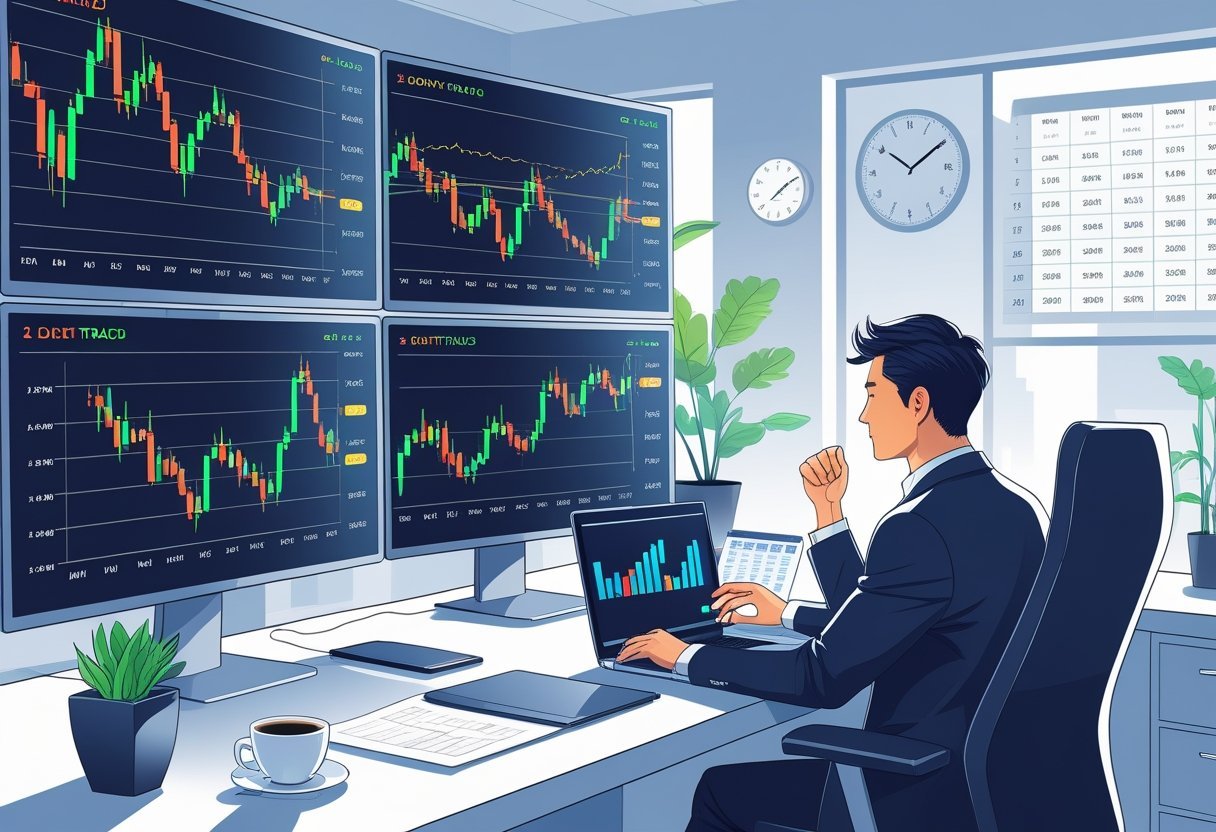 Um trader analisando gráficos de ações de longo prazo em uma mesa moderna, com uma parede de telas digitais mostrando tendências ascendentes e um calendário ao fundo.