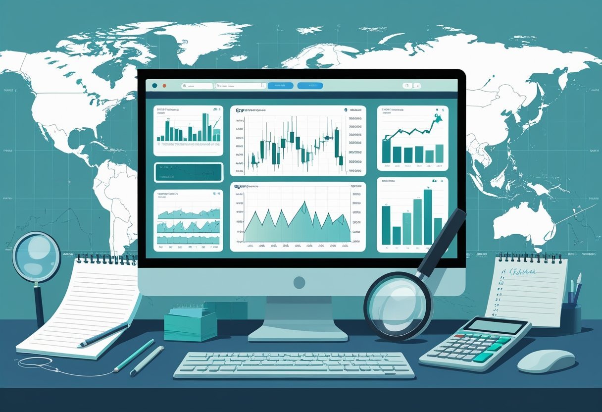 Uma mesa de trabalho com um computador exibindo gráficos financeiros detalhados, ferramentas de análise como lupa, caderno e calculadora, com elementos sutis de mercado financeiro ao fundo.