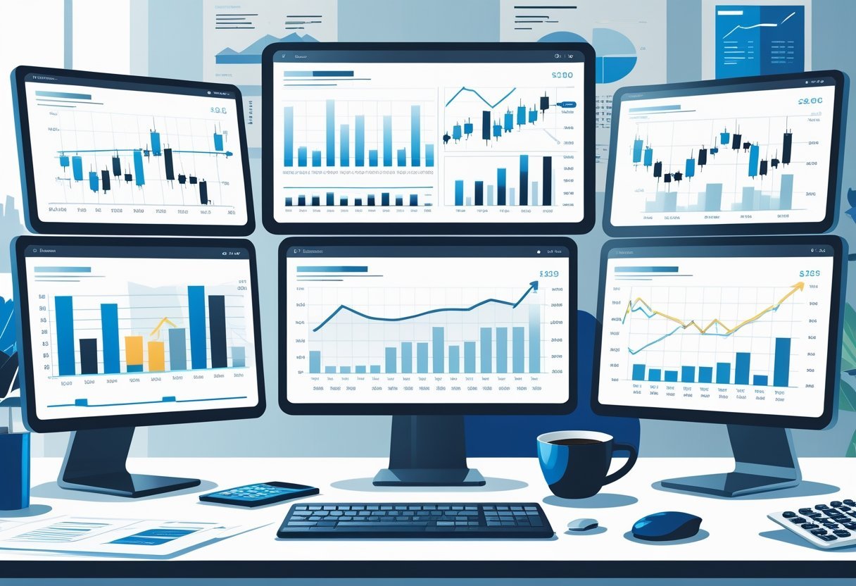 Ambiente de escritório com telas mostrando gráficos financeiros e ferramentas de análise técnica, incluindo gráficos de velas, linhas de tendência e barras de volume.
