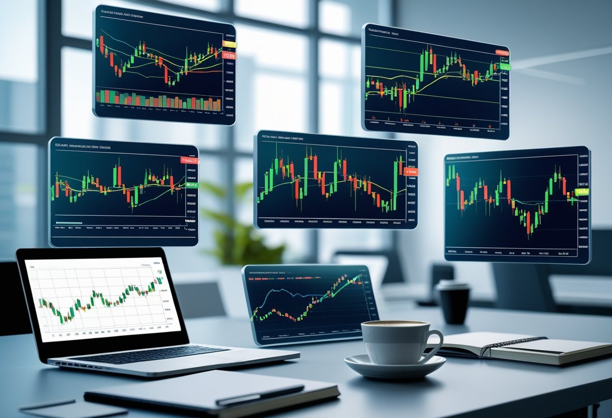 Vários tipos de gráficos financeiros exibidos em telas digitais flutuantes em um ambiente de escritório moderno, com uma mesa ao fundo contendo um laptop e objetos de trabalho.