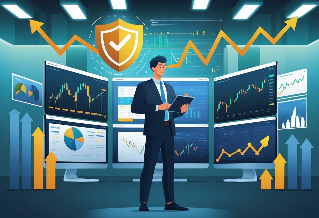 Um trader analisando gráficos financeiros em uma sala de negociação moderna, com elementos que representam proteção e crescimento do capital.