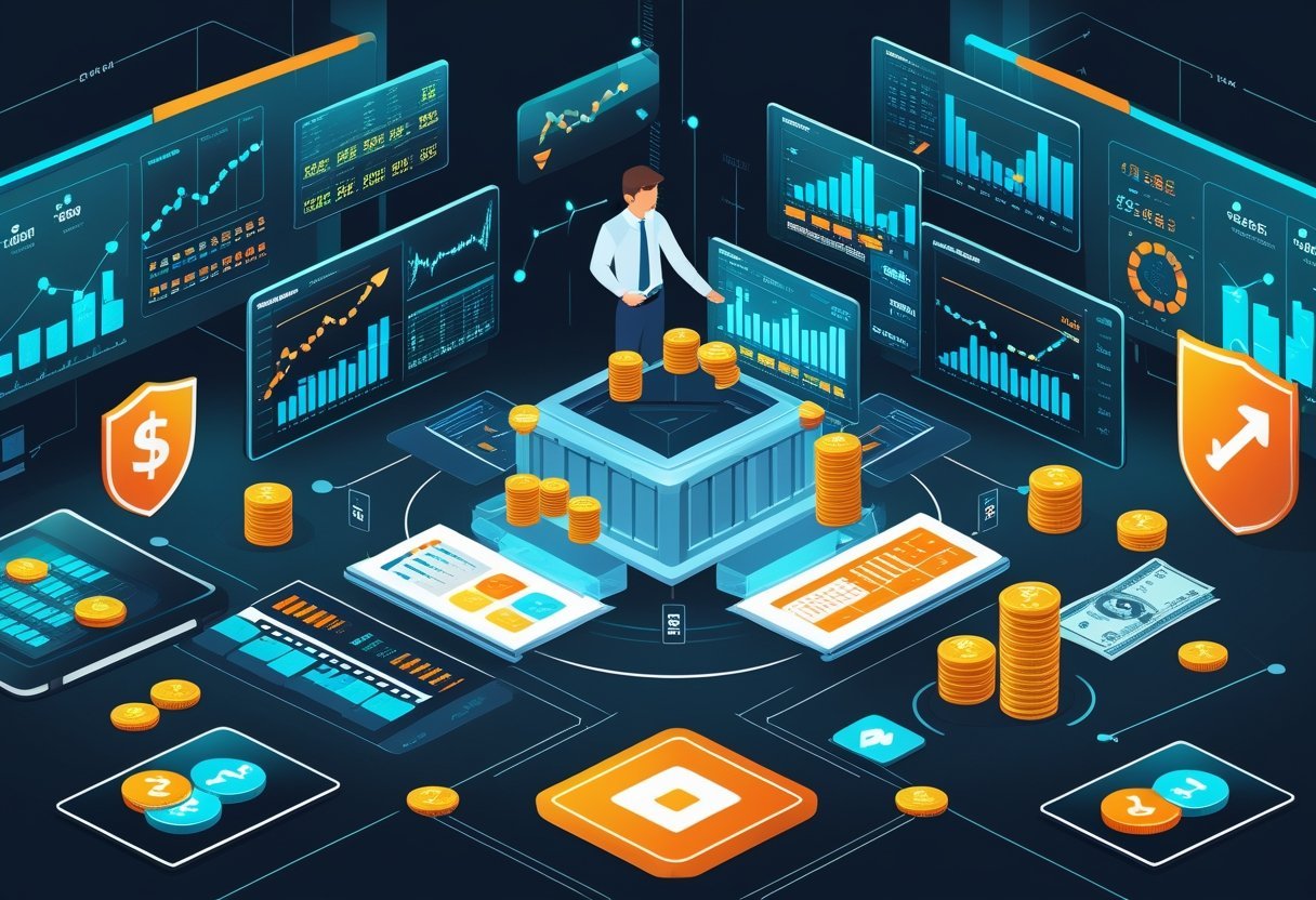 Um trader analisando gráficos financeiros em várias telas, com símbolos de proteção como um escudo e cofres, representando a gestão de risco para proteger o capital.