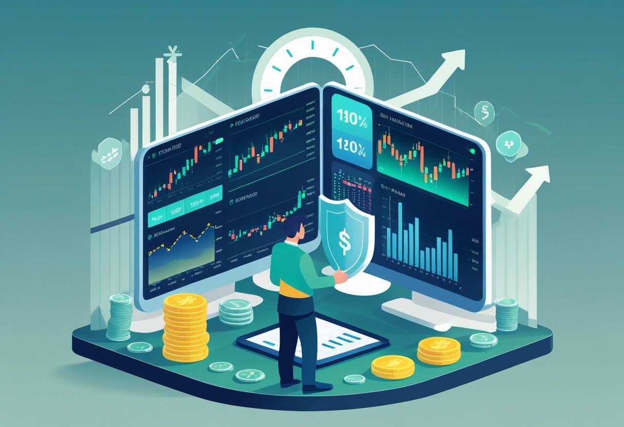 Um trader analisando gráficos financeiros em várias telas, com símbolos de proteção como um escudo e uma balança, representando a gestão de risco para proteger o capital.