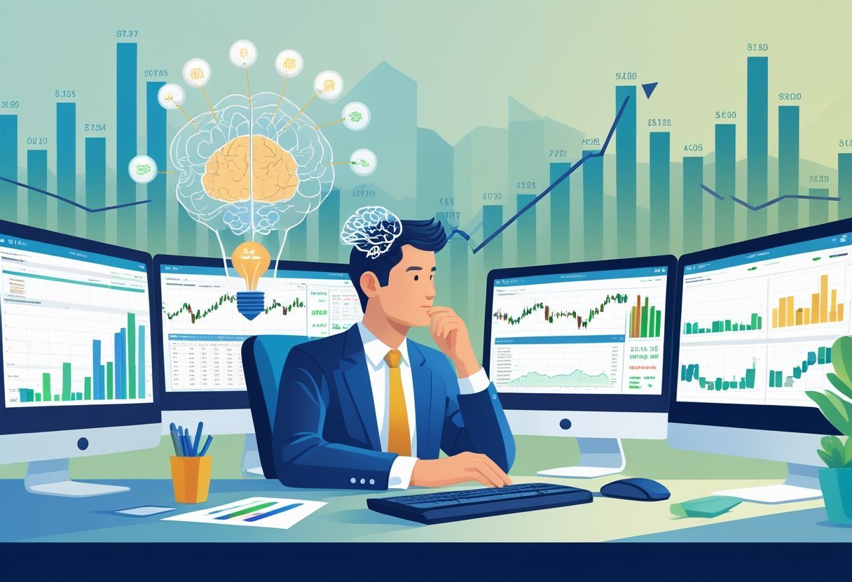 Um trader concentrado sentado em uma mesa com vários monitores mostrando gráficos financeiros, com elementos visuais que representam processos mentais e gráficos de mercado ao fundo.