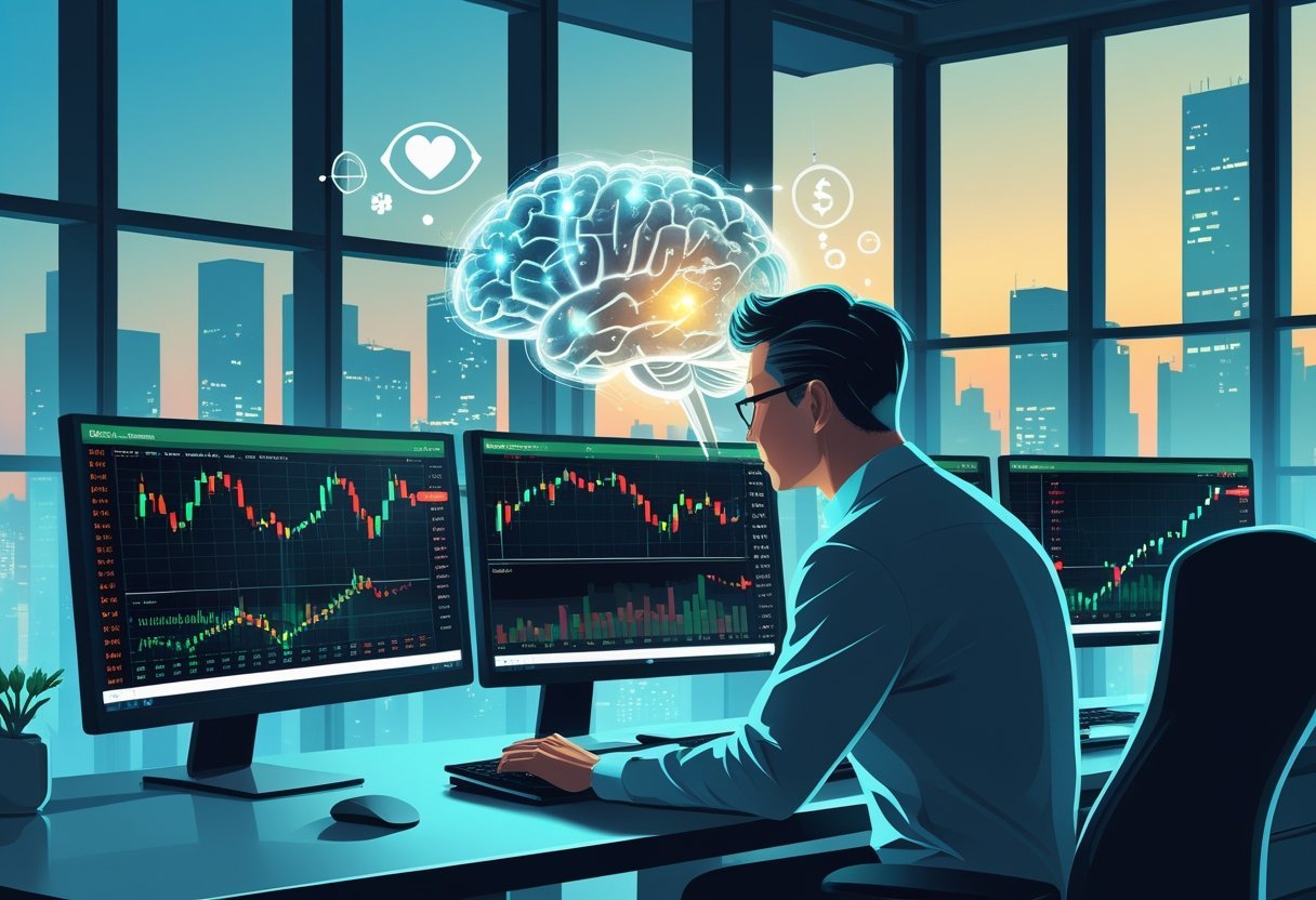 Um trader analisando gráficos de ações em uma mesa moderna, com elementos que representam emoções e equilíbrio mental, em um escritório com vista para a cidade ao amanhecer.