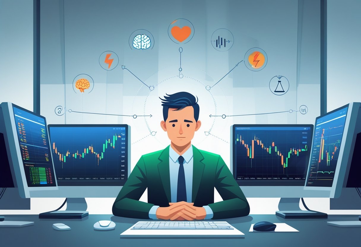 Um trader concentrado sentado em uma mesa com vários monitores mostrando gráficos de ações, com ícones abstratos ao redor da cabeça representando fatores psicológicos como estresse, confiança e equilíbrio emocional.