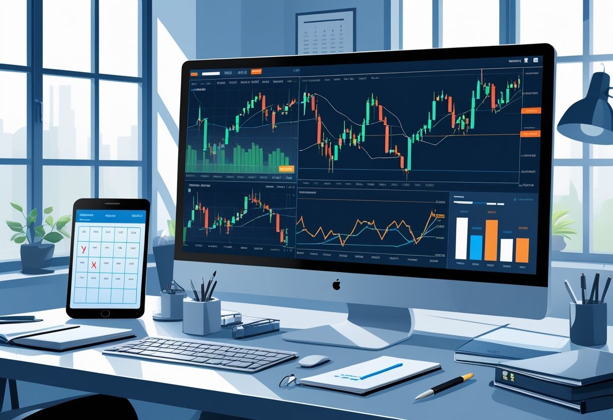 Mesa de trabalho com computador mostrando gráficos financeiros, caderno, calendário e checklist, representando um plano de trading.