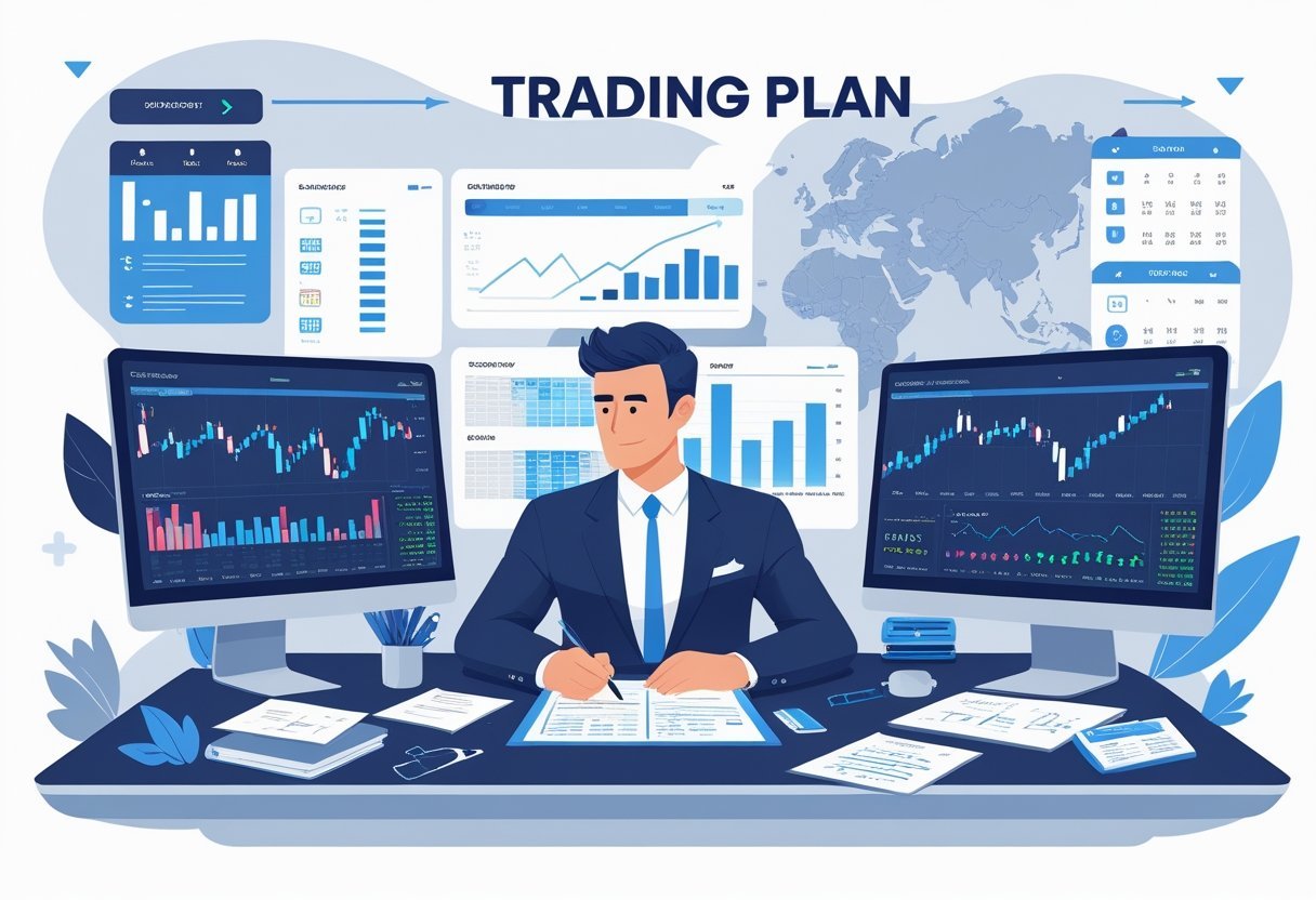 Pessoa analisando gráficos financeiros e anotando estratégias em um ambiente de trabalho moderno com múltiplos monitores.