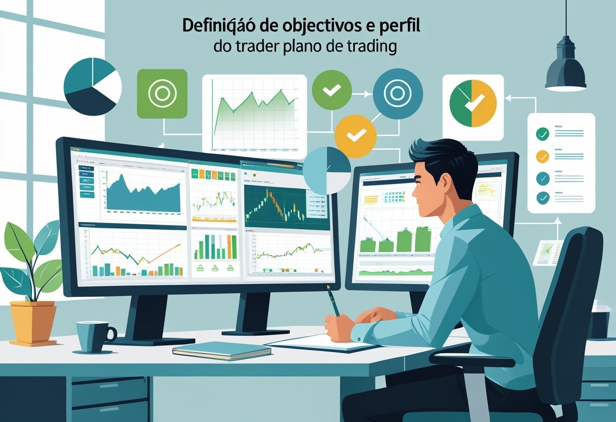 Um trader concentrado analisando gráficos financeiros em vários monitores, com um caderno e caneta na mesa, em um ambiente de trabalho organizado.