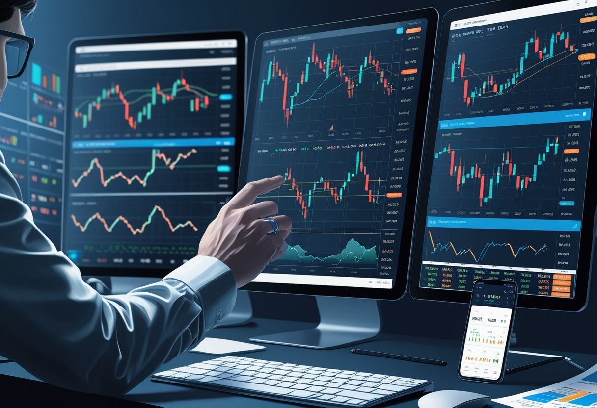 Vários dispositivos mostrando gráficos financeiros com padrões de velas, linhas de tendência e indicadores técnicos usados em análise de trading.