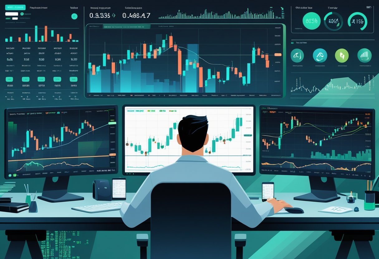 Um trader analisando gráficos financeiros em uma mesa com vários monitores exibindo gráficos de velas, linhas de tendência e indicadores técnicos.