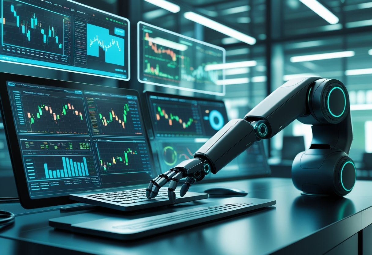 Interface digital futurista de negociação com gráficos financeiros e um braço robótico interagindo com telas em um ambiente de escritório tecnológico.