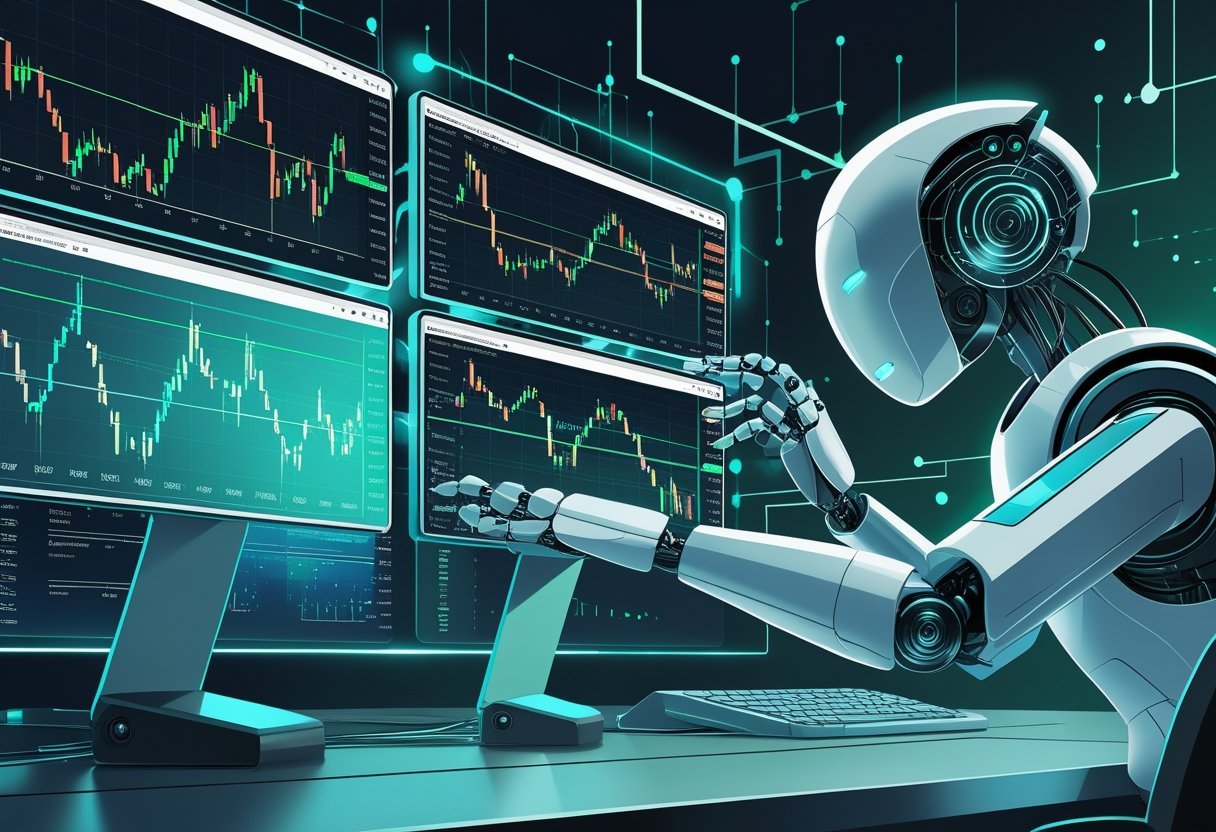 Ilustração mostrando um ambiente de trabalho digital com gráficos financeiros e uma figura robótica interagindo com telas transparentes, representando trading automatizado.