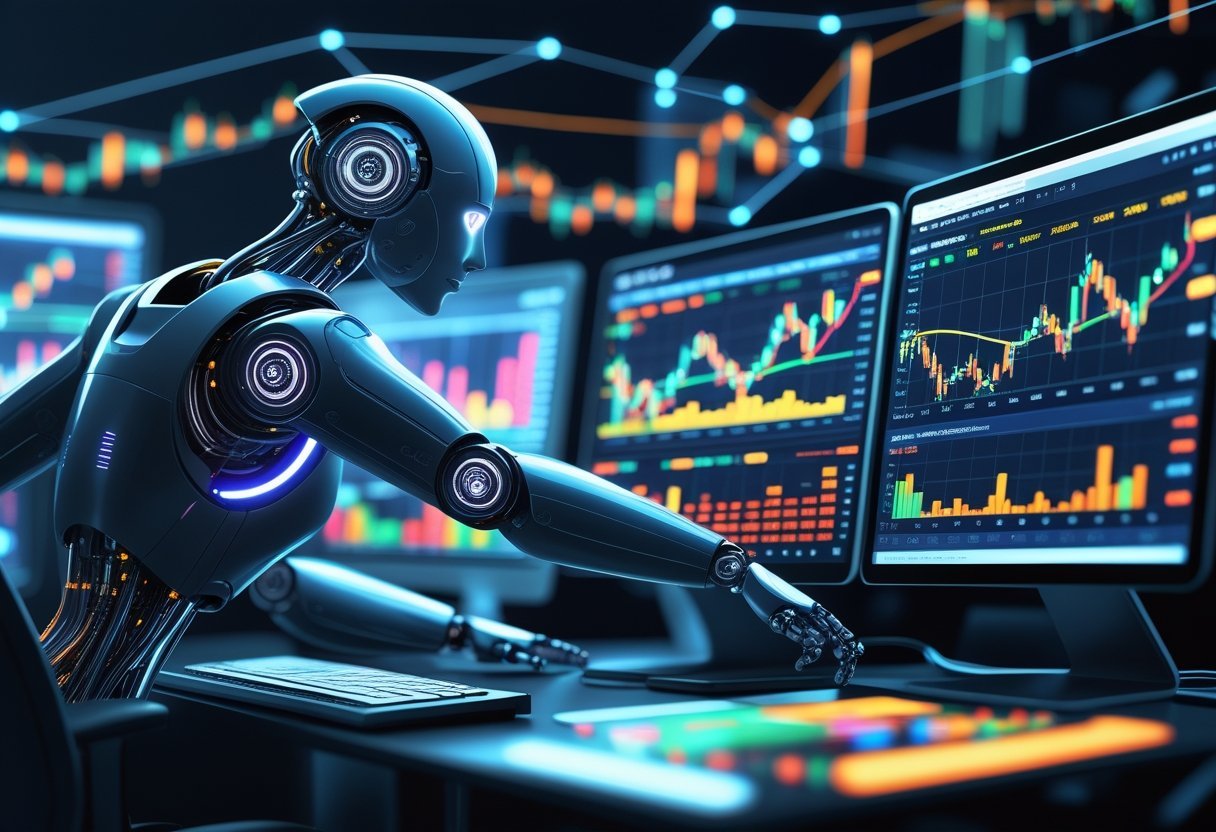 Ambiente digital moderno com telas mostrando gráficos financeiros e uma figura robótica interagindo com a interface de negociação.