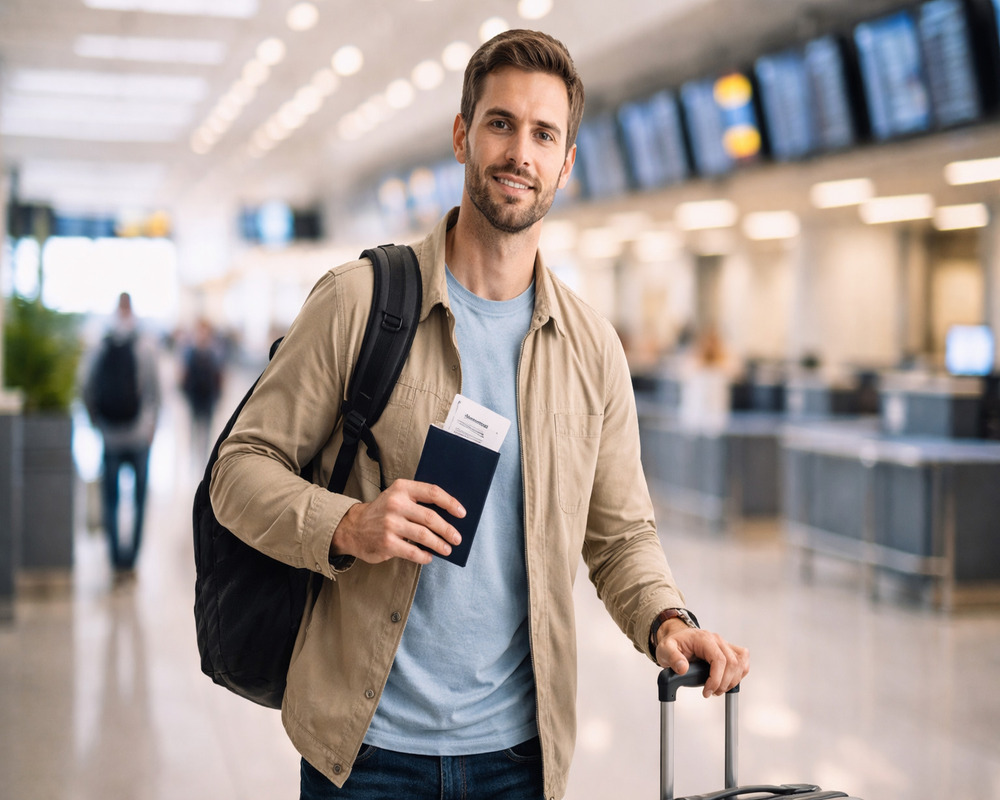 Homem em aeroporto segurando passaporte e mala representando tranquilidade com seguro viagem