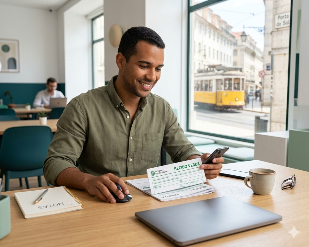 Homem sorrindo em um escritório, segurando um documento 'Recibo Verde' e um celular.
