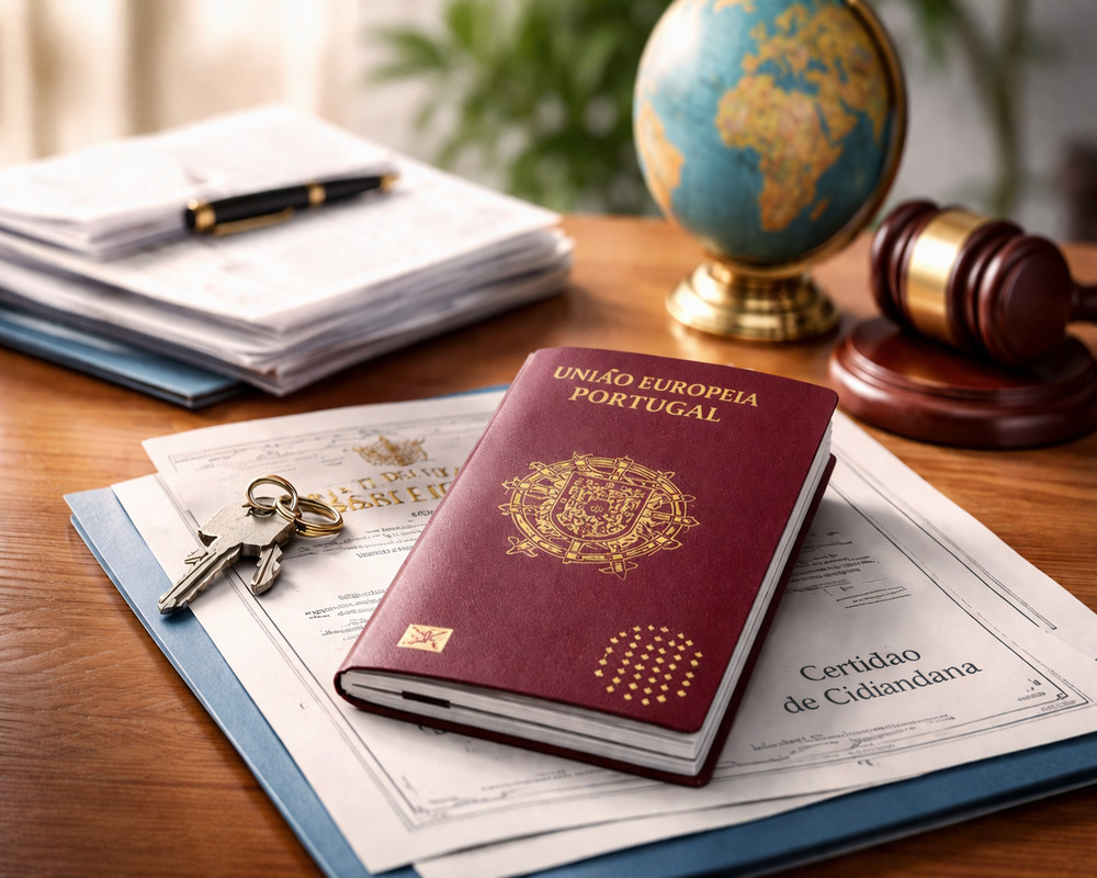 Passaporte de Portugal sobre certidão de cidadania e chaves em uma mesa de madeira oficial