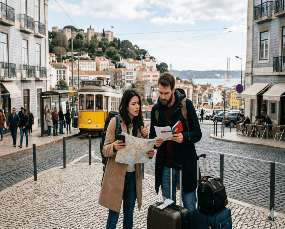 Um casal de turistas em uma rua de paralelepípedos em Lisboa, com malas, olhando mapas e um folheto com a bandeira de Portugal, em frente a um elétrico amarelo e com o Castelo de São Jorge ao fundo.