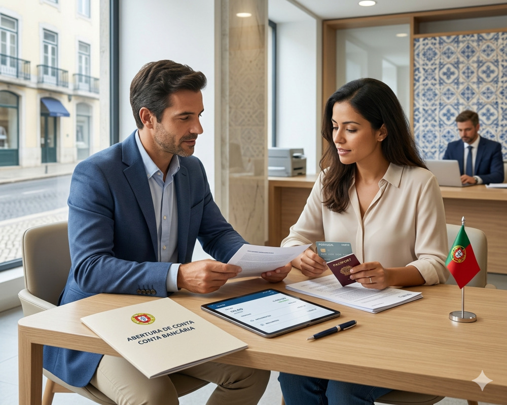 Gerente de banco português orientando imigrante brasileira na abertura de conta bancária em Lisboa.