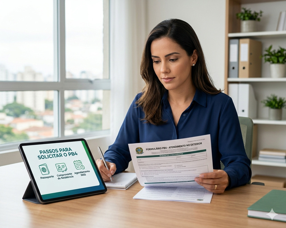 Mulher sentada em uma mesa de escritório moderna, segurando um formulário oficial em português, com um tablet ao lado exibindo um checklist de documentos para solicitação do certificado de saúde PB4.