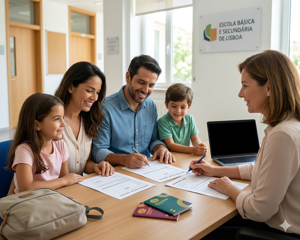 Uma família brasileira sorridente, com duas crianças, sentada em uma mesa de madeira assinando documentos para matricular seus filhos na Escola Básica e Secundária de Lisboa, com uma funcionária da escola ao fundo e passaportes sobre a mesa.