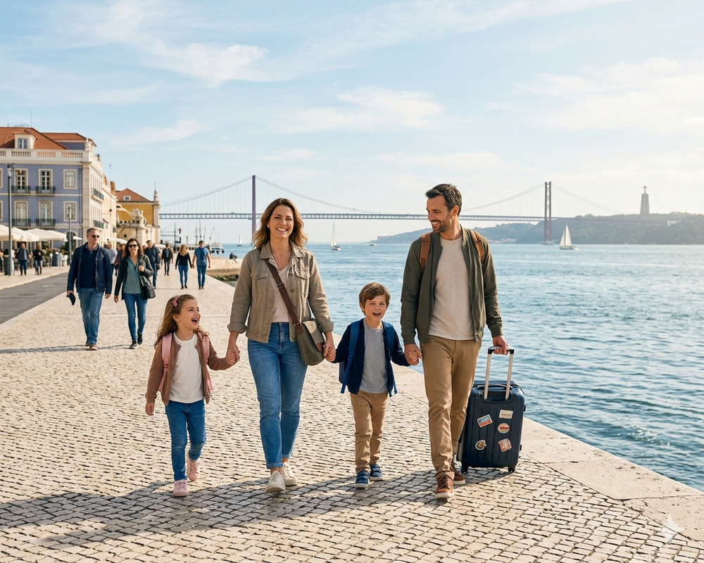 Uma família feliz com duas crianças caminhando à beira do Rio Tejo em Lisboa, com malas de viagem e a Ponte 25 de Abril ao fundo, simbolizando a imigração para Portugal com filhos.