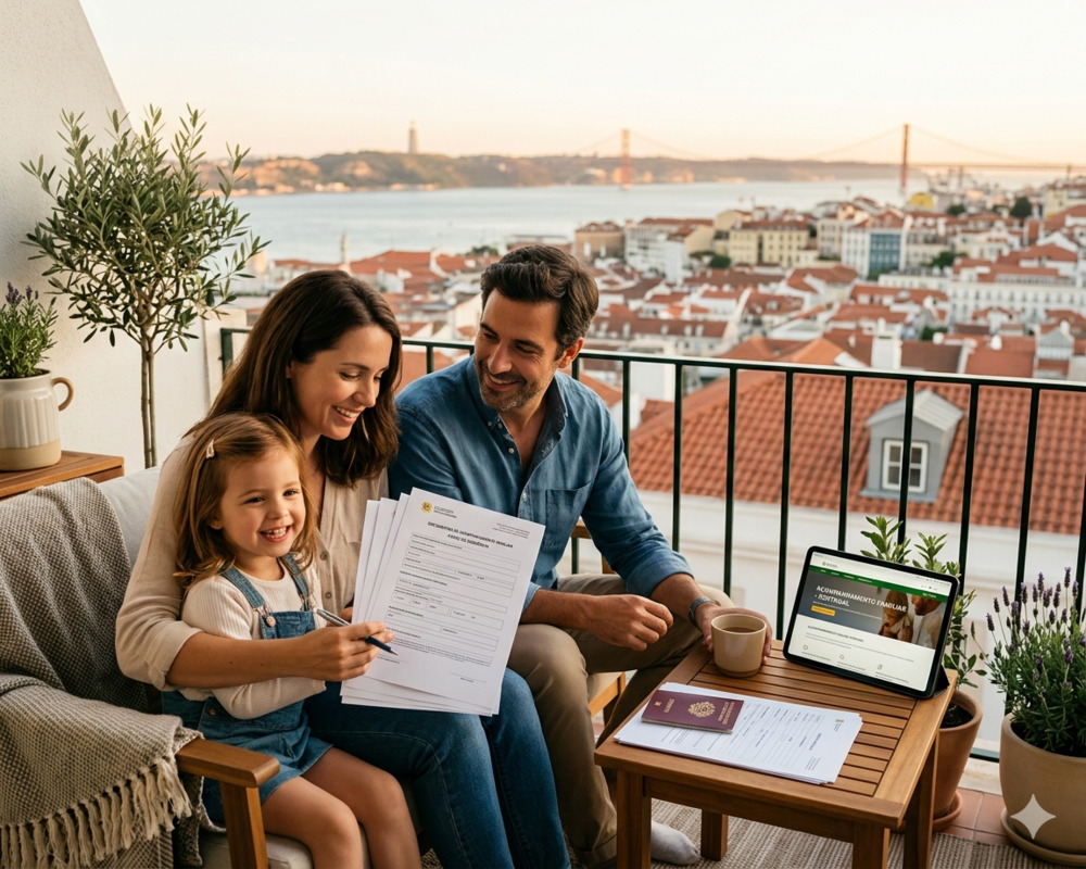 Uma família sorridente em uma varanda em Lisboa com documentos e um tablet que mostram informações sobre acompanhamento familiar e residência em Portugal.