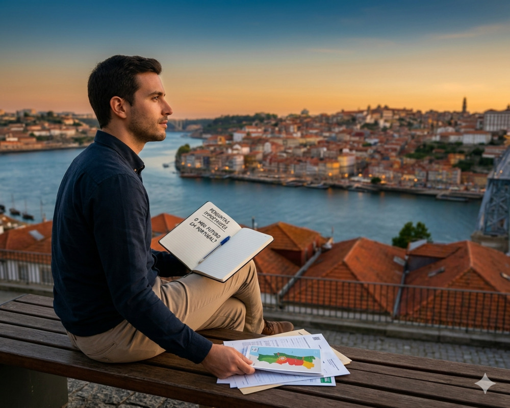 homem-pensativo-em-miradouro-com-vista-para-o-porto-segurando-caderno-com-anotações-em-português-sobre-seu-futuro-em-portugal