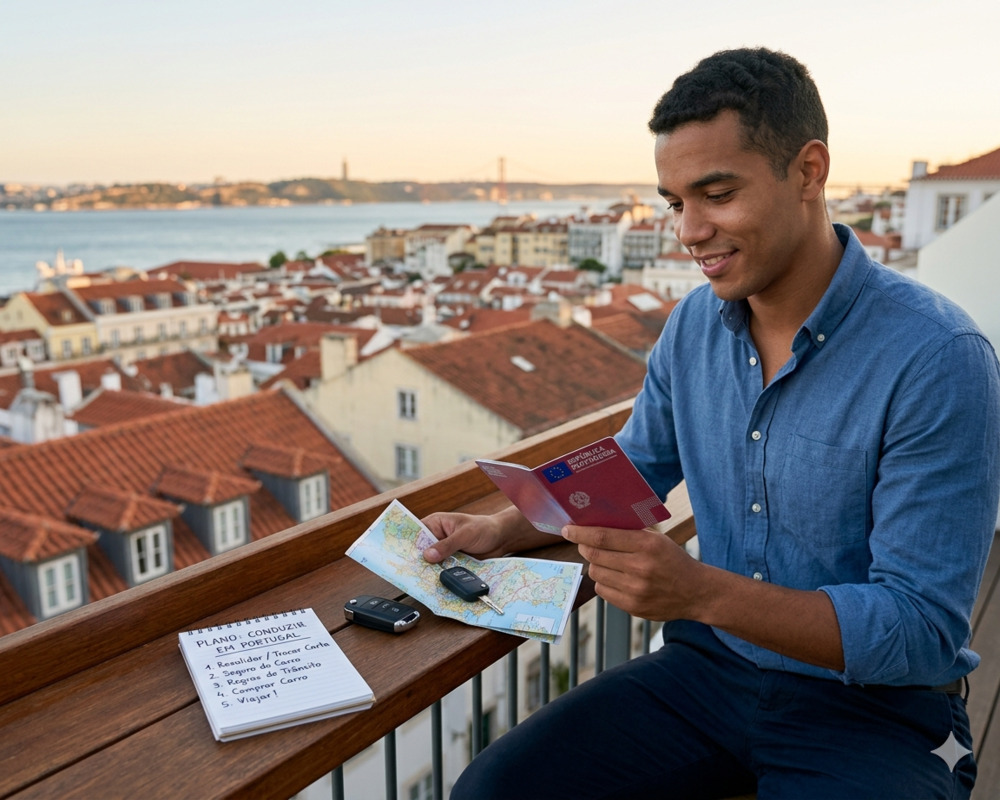 Um imigrante em um miradouro de Lisboa segura a sua carta de condução portuguesa e uma chave de carro.