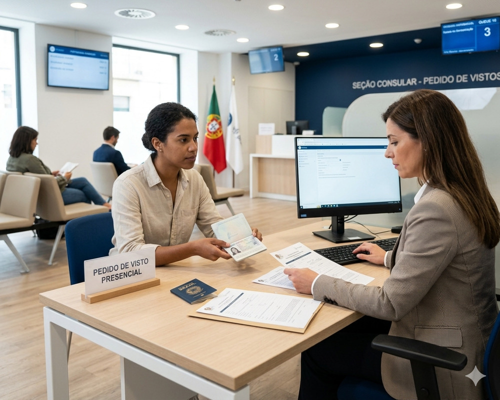 Uma jovem brasileira entrega seu passaporte aberto a uma atendente consular em uma mesa de escritório. Sobre a mesa, há um tablet, formulários e uma placa escrito: 'Pedido de Visto Presencial'. Ao fundo, vê-se a bandeira de Portugal