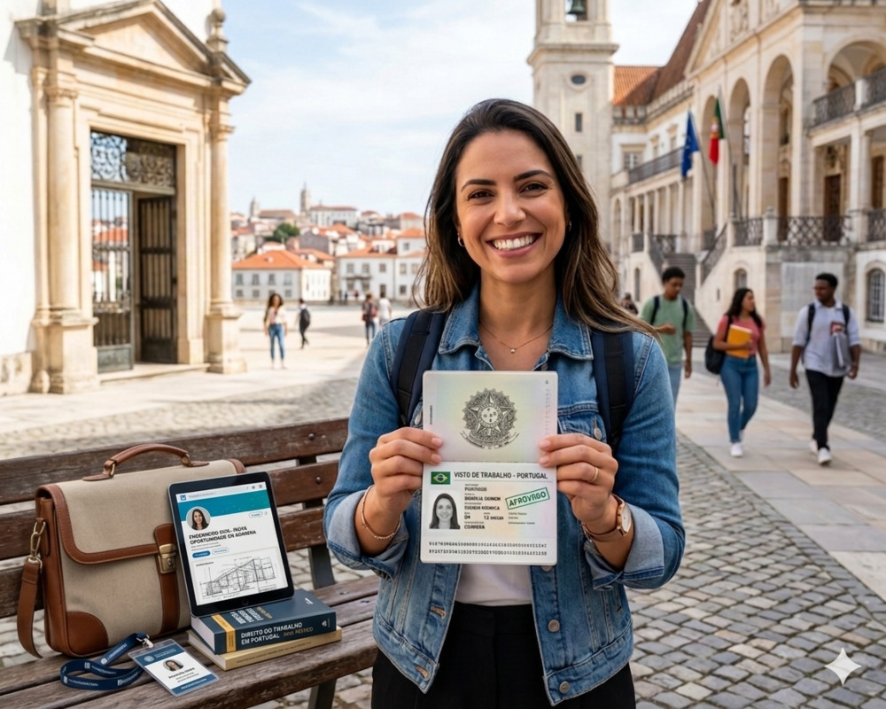 Jovem profissional sorridente segura passaporte com visto de trabalho para Portugal aprovado, com maleta executiva e tablet ao lado em um cenário histórico português.