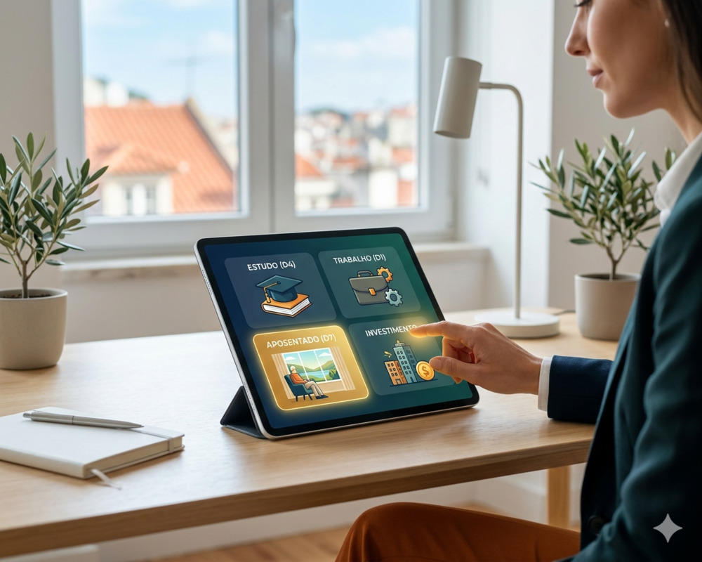 Uma profissional sorridente consulta um tablet com diferentes categorias de visto português (Estudo, Trabalho, Aposentado, Investimento) em um escritório moderno em Portugal.