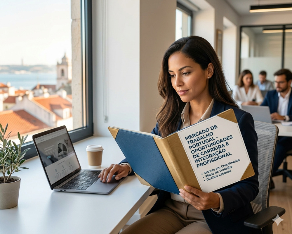 Uma profissional em um escritório em Lisboa segura uma pasta aberta com o título "MERCADO DE TRABALHO PORTUGAL - OPORTUNIDADES DE CARREIRA E INTEGRAÇÃO PROFISSIONAL", com uma vista da cidade e do Rio Tejo ao fundo.