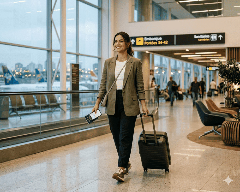 Mulher caminhando em aeroporto com mala e passaporte para fazer turismo em Portugal