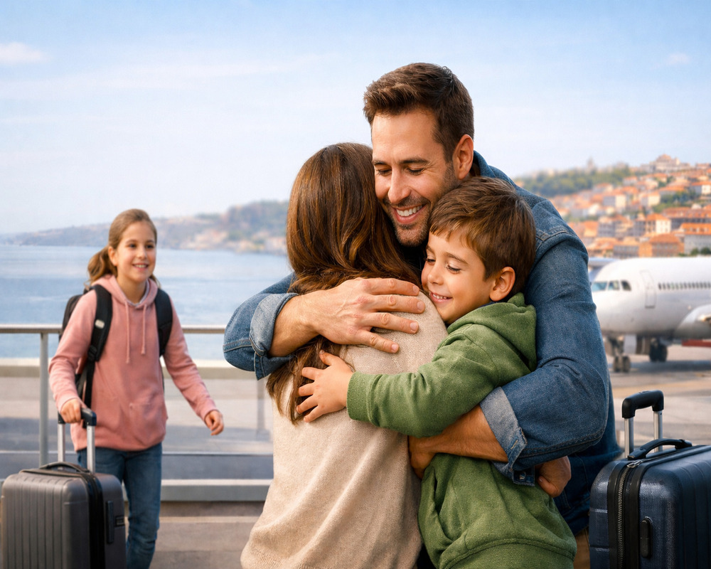 Família reunida em aeroporto representando reagrupamento familiar na imigração para Portugal com emoção e sensação de nova vida