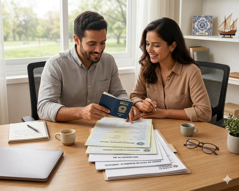 Casal brasileiro analisa documentos e passaporte sobre mesa de madeira, organizando a papelada para imigrar para Portugal.