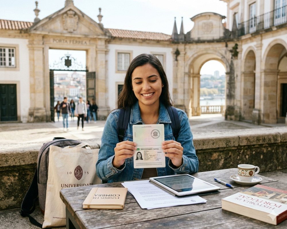 Estudante sorridente segura passaporte com visto em frente à Universidade de Coimbra, representando o visto de estudante para Portugal.
