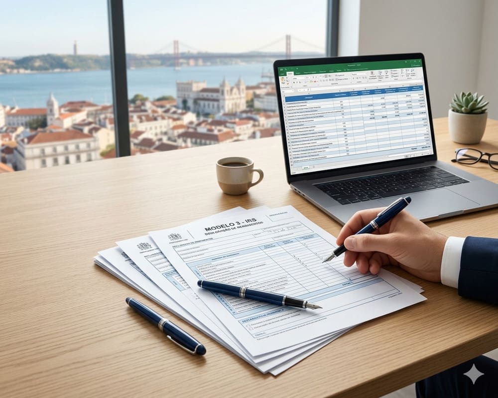 Profissional preenchendo formulários de IRS em Portugal sobre mesa de madeira com vista para Lisboa ao fundo.