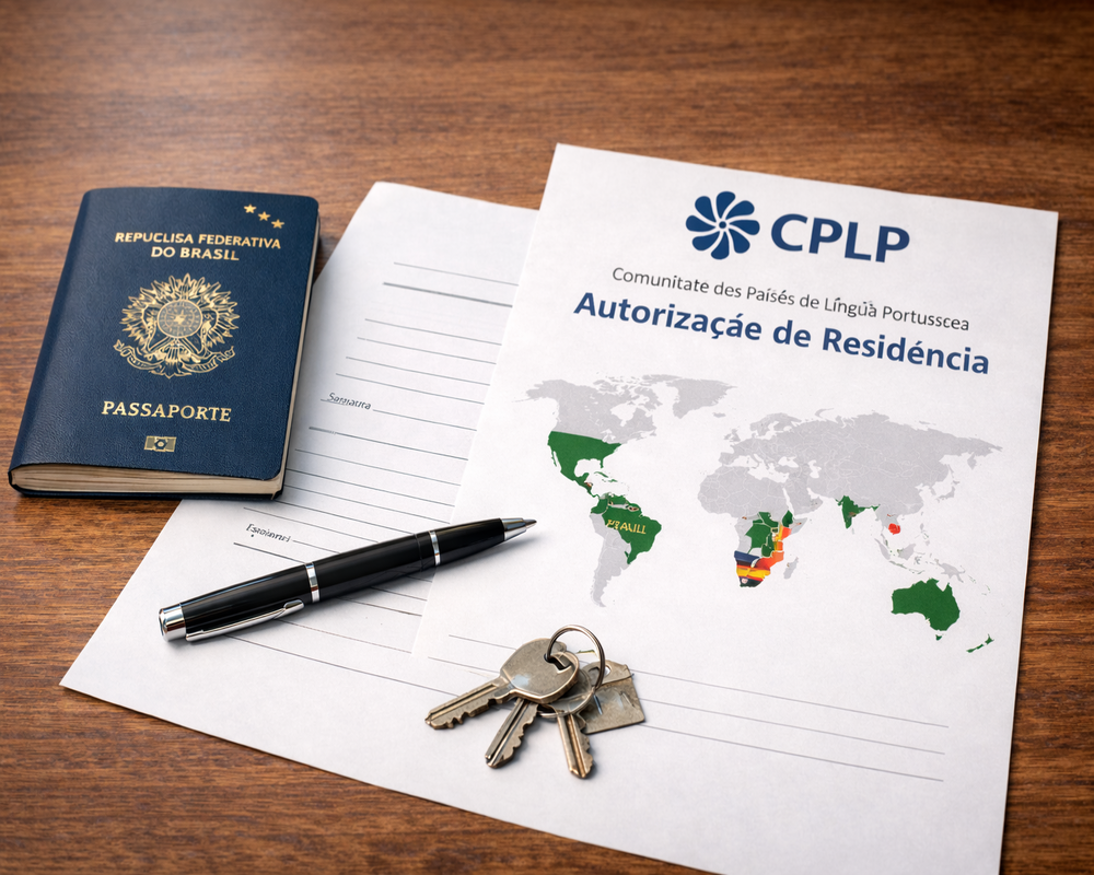 Passaporte brasileiro com formulário A4 e documento de autorização de residência CPLP sobre mesa organizada