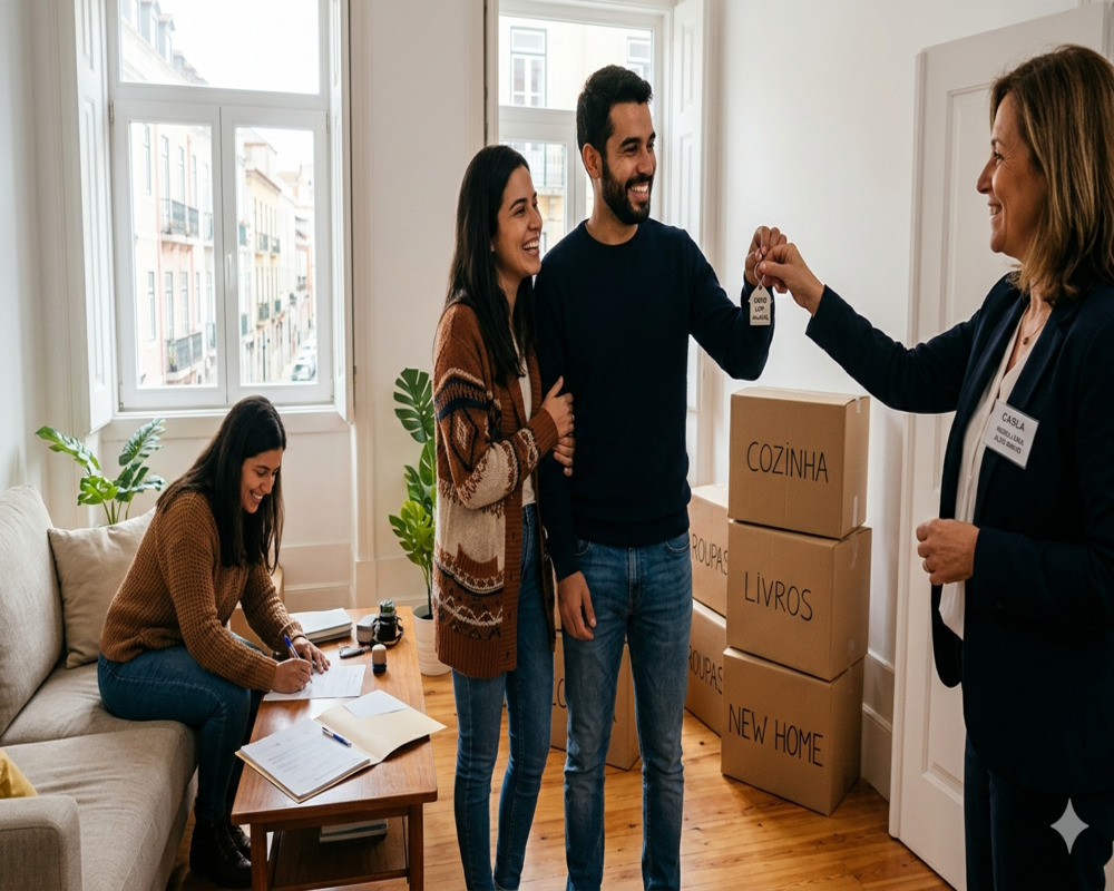 Casal recebendo chaves de imóvel em Portugal com caixas de mudança escritas