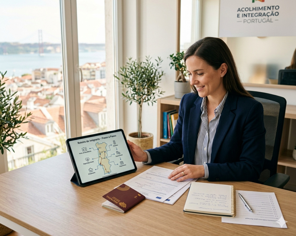 Uma consultora de imigração em Lisboa analisando um guia de processo em um tablet, com um passaporte português e documentos na mesa.