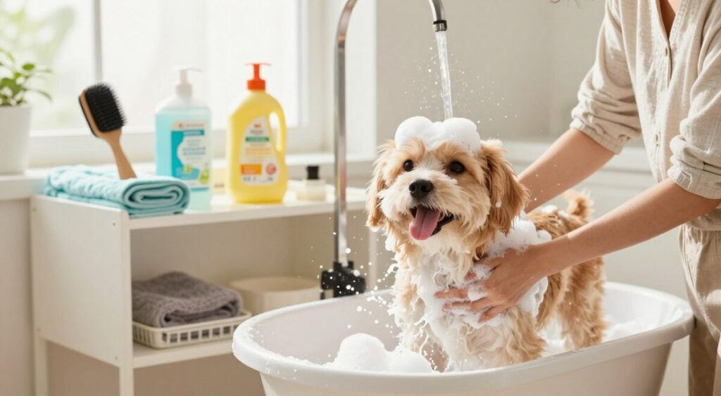 A bright and inviting scene depicting a clean and hygienic environment for pets, focusing on a joyful dog and cat enjoying their grooming routine. In the foreground, a person in modest casual attire gently bathes the dog, using a gentle shampoo, with bubbles and splashes captured mid-action. The middle ground features a well-organized grooming station, showcasing brushes, pet-friendly cleaning products, and fresh towels. In the background, a sunny window allows natural light to pour in, creating a warm atmosphere. The overall mood is cheerful and nurturing, emphasizing the importance of cleanliness and care in pet hygiene. Soft colors and a welcoming ambiance enhance the comforting setting.