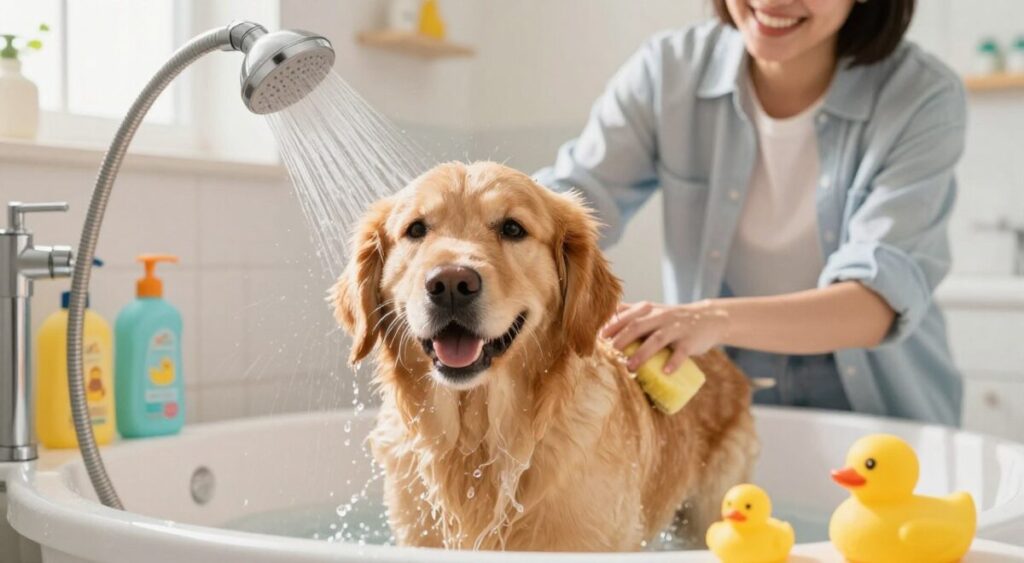 A cheerful golden retriever is being bathed in a bright, cozy bathroom. In the foreground, the dog, with water droplets glistening on its fur, playfully shakes off water while a gentle stream from a handheld shower sprayer rains down. The middle ground features a person in casual clothing, smiling and kneeling beside the dog, carefully scrubbing its back with a soft sponge. Surrounding them are colorful bath supplies, including shampoo bottles and rubber ducks, adding a playful element. The background highlights soft, warm lighting through a window, creating a clean, inviting atmosphere. The scene conveys a fun and loving moment, emphasizing the importance of bathing in pet care.