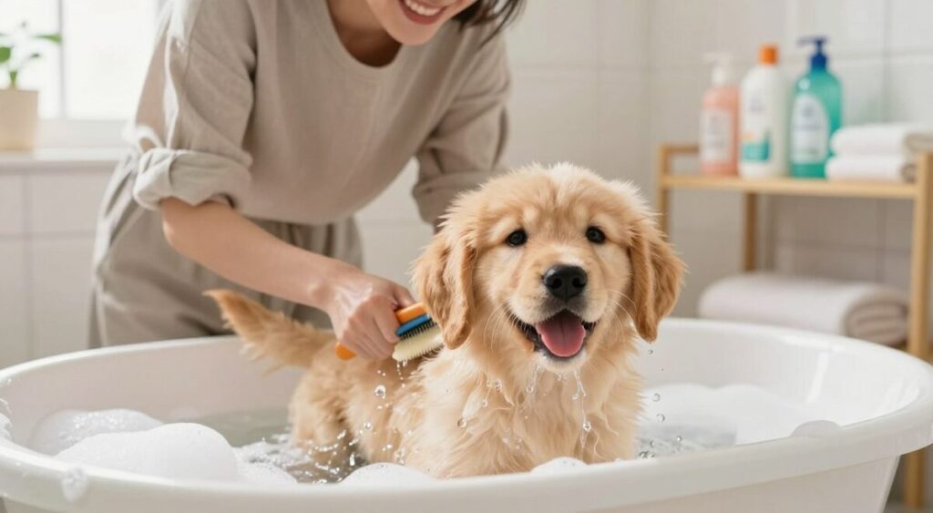 A cheerful scene depicting a small dog enjoying a bath in a cozy bathroom setting. In the foreground, the dog, a fluffy golden retriever puppy, playfully splashes in a tub filled with bubbles and water, showing its playful nature. In the middle, a gentle, caring person, dressed in a modest casual outfit, is washing the dog with a soft brush, smiling affectionately. The background features bright, natural lighting coming from a window, illuminating a shelf with pet care products like shampoo and towels. The atmosphere conveys warmth and comfort, emphasizing a positive and nurturing bathing experience for the dog, highlighting special care practices in pet grooming.