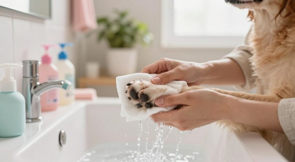 A close-up view of a dog’s paw being gently washed in a well-lit, cozy bathroom. The foreground features a loving pet owner, dressed in casual attire, carefully cleaning the dog's paw with a soft cloth and warm water. In the middle, the dog's paw is prominent, showcasing its cleanliness with healthy pads and trimmed nails. Surrounding them, various pet grooming tools are neatly arranged on a countertop, emphasizing hygiene. The background reveals a serene space with soft pastel colors, plants, and natural light filtering through a window, creating a calm and nurturing atmosphere. The overall mood is warm and caring, highlighting the importance of pet paw care and hygiene.