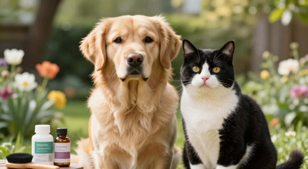 A close-up view of a healthy dog and cat sitting together in a serene garden setting, showcasing their vibrant fur and smooth skin. The dog has a shiny golden coat, while the cat has a soft, glossy black and white fur, highlighting the contrast between them. In the foreground, include pet grooming tools like a brush and natural supplements to symbolize care factors. The middle ground features blooming flowers and greenery, emphasizing a healthy environment. In the background, a soft sunlight filters through trees, creating a warm, inviting atmosphere. Use a shallow depth of field to focus on the animals while lightly blurring the background. The overall mood is peaceful and nurturing, representing the essential factors for maintaining pet skin and coat health.