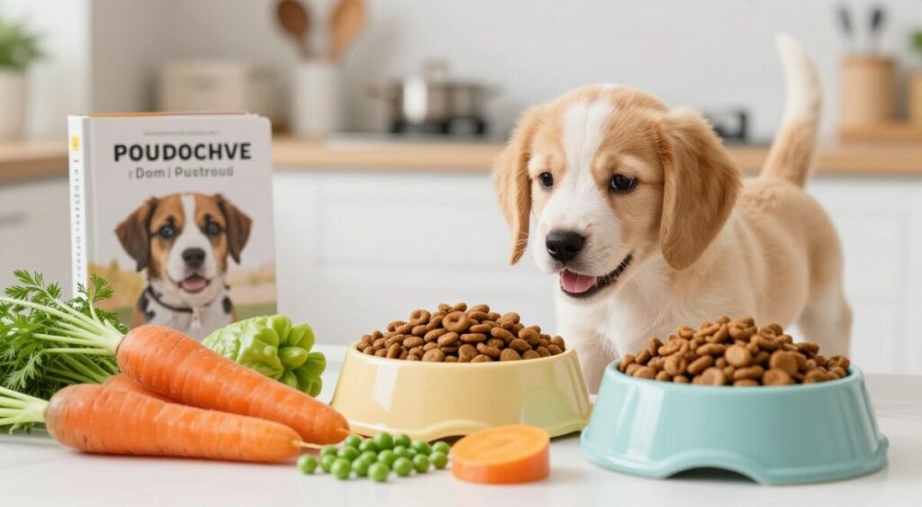 A colorful and inviting scene showcasing a variety of nutritious food options for puppy feeding recommendations. In the foreground, an arrangement of fresh vegetables like carrots, peas, and sweet potatoes, alongside high-quality puppy kibble in a stylish bowl. In the middle, a playful puppy of a small breed, like a golden retriever or beagle, curiously investigating the food with a joyful expression. In the background, soft, well-lit kitchen setting with a dog feeding guidebook and some kitchen utensils, creating a warm, homely atmosphere. The lighting is bright and soft, enhancing the vibrant colors of the food. The focus is on the puppy and the healthy food options, evoking a sense of care and nurturing for young pets.