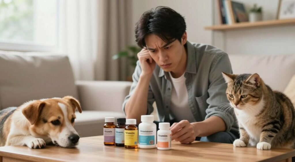 A concerned pet owner inspecting a variety of vitamin bottles on a table, with a worried cat and dog in the foreground. The owner is dressed casually, reflecting an everyday setting. The dog appears slightly lethargic, while the cat looks apprehensive, both showcasing signs of possible discomfort. In the background, a cozy living room setting with soft, natural light filtering through a window, creating a warm atmosphere. On a nearby shelf, a few pet care books are visible, emphasizing health awareness. This scene illustrates the risks of vitamin excess in pets, highlighting the need for careful management and knowledge of pet nutrition. The focus is on the emotional concern of the owner and the pets' reactions.