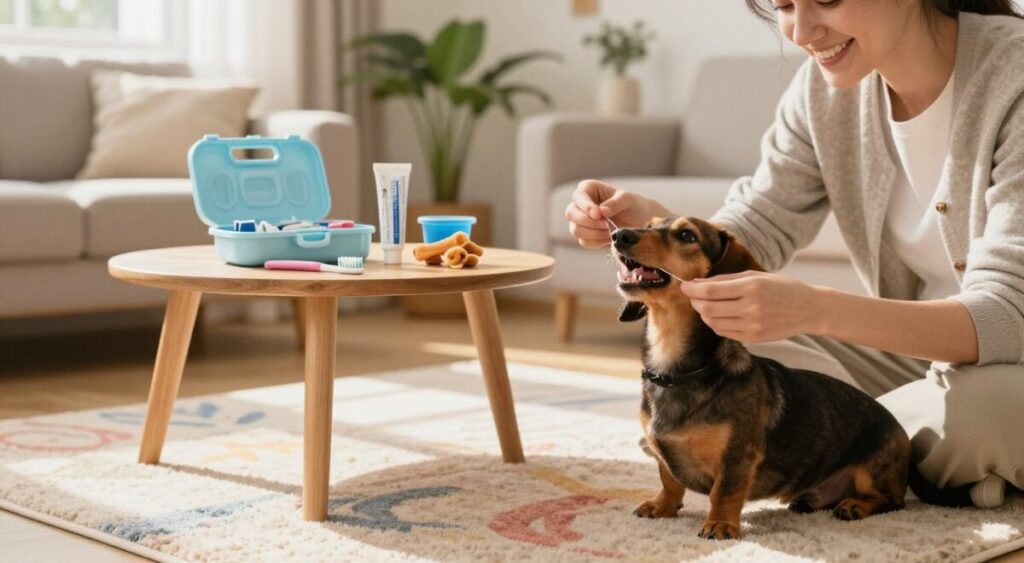 A cozy and bright home interior showcasing a pet dental care scene. In the foreground, a playful small dog, like a Dachshund, sits on a soft, colorful rug, curiously watching its owner gently using dental floss to clean its teeth. The owner, a caring individual in casual clothing, displays a warm smile, ensuring a positive and comforting atmosphere. In the middle ground, a pet dental care kit is neatly arranged on a small wooden table, featuring a toothbrush, toothpaste, and dental treats. The background reveals a well-lit living room with plants and pet toys, enhancing the homey vibe. Natural sunlight streams through a window, casting soft shadows and creating an inviting, cheerful ambiance ideal for pet care.